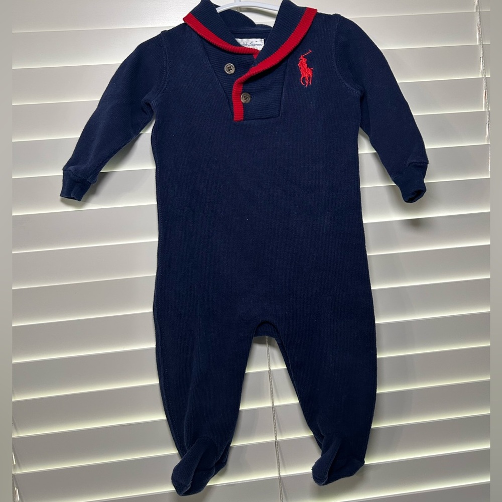 Polo Ralph Lauren Baby Shawl‎ Collar Footed Romper Jumpsuit Dress n Navy & Red